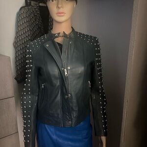 Real leather very  dark green small silver studs jacket Small